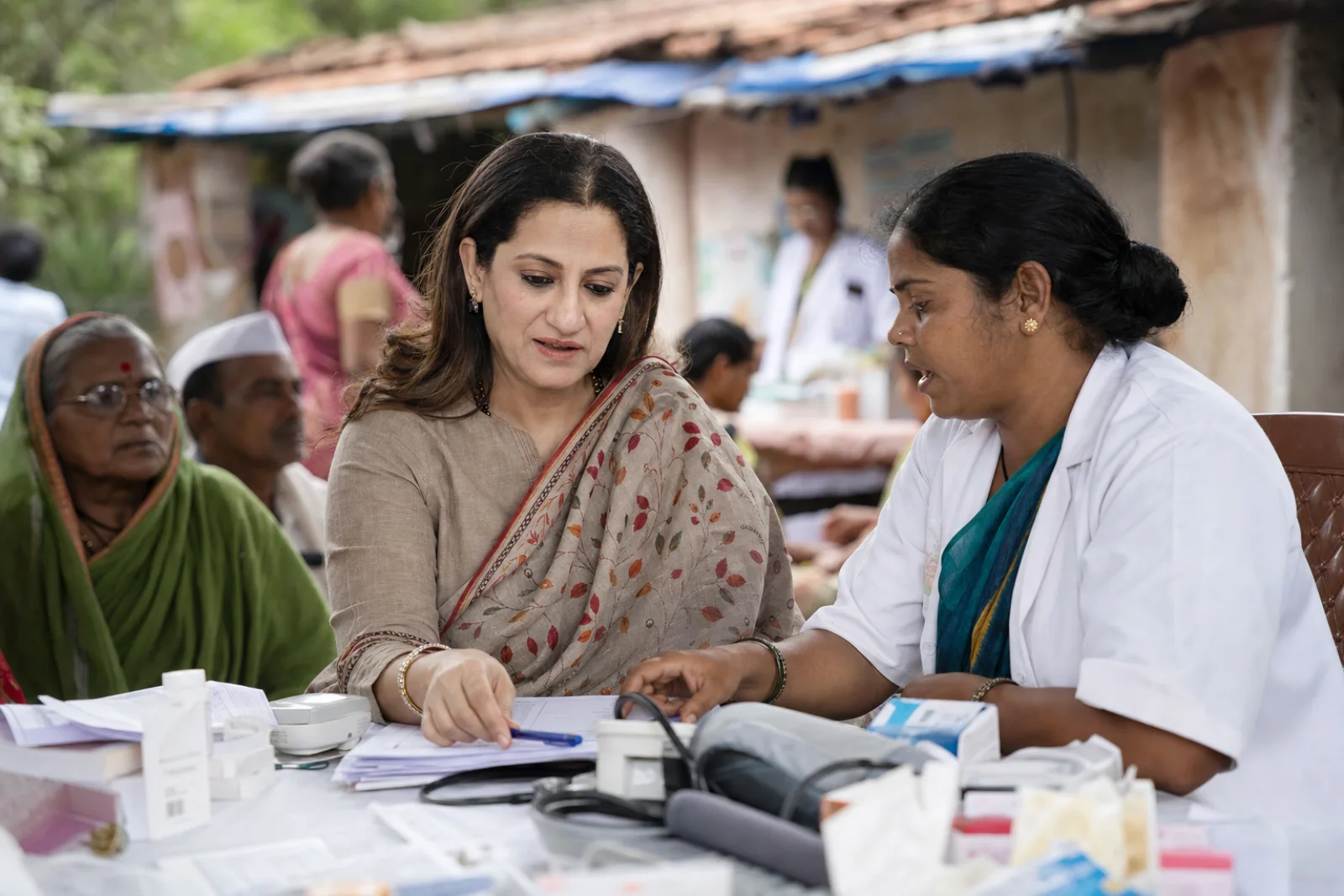 Editorial visualisation of Shirin Udhas Aggarwal coordinating community health support
