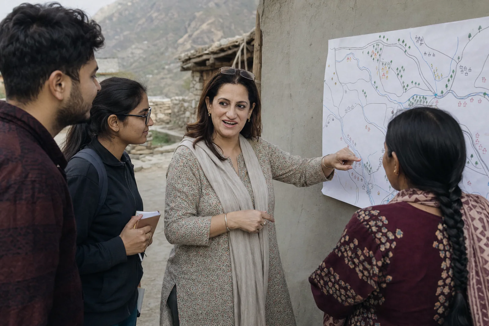 Editorial visualisation of a village civic-planning discussion